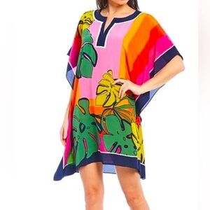 Trina Turk Theodora Split Round Neck Elbow Sleeve Topical Stripe SILK Caftan